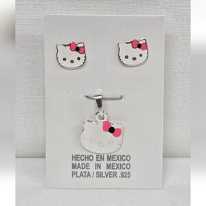 HELLO KITTY Set Cat Face Pendant & Stud Earrings Enamel 925 Mex. Sterling Silver